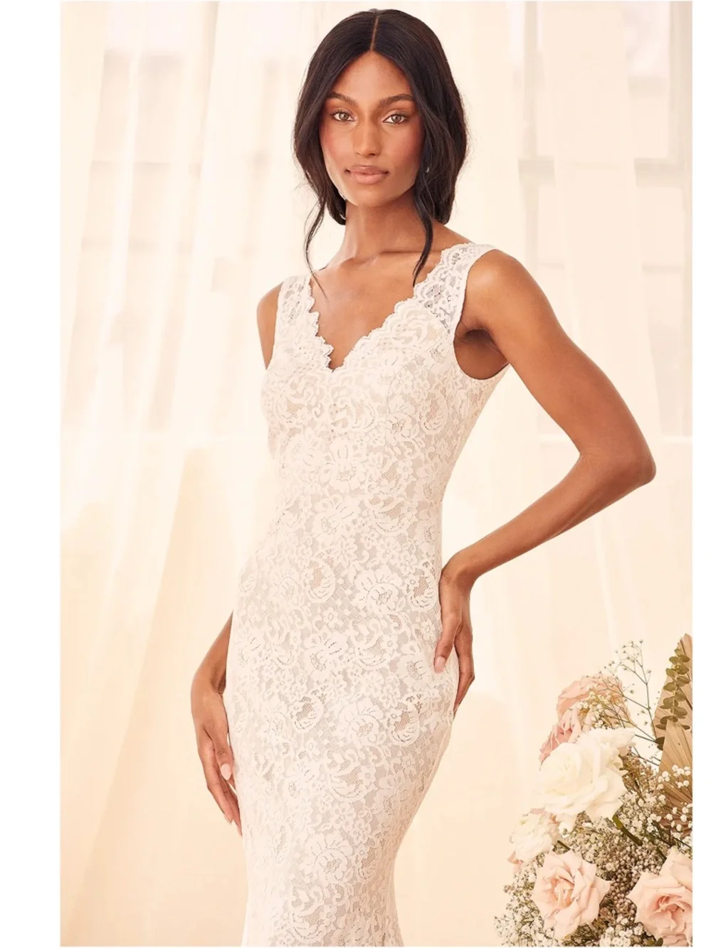 NWT Lulu’s Spectacular Romance White Lace Sleeveless Mermaid Maxi Dress Size XS